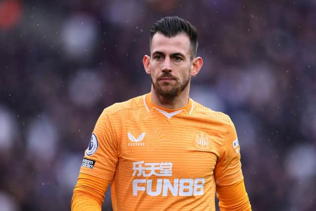 Martin Dubravka of Newcastle United looks on during the Premier League match between West Ham United and Newcastle United at London Stadium on February 19, 2022 in London, England. (Photo by Alex Burstow/Getty Images)