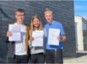 Louis Summerly celebrates his top results with fellow St Joseph's Catholic Academy A Level students, Josh Mitchell and Megan Shiell.