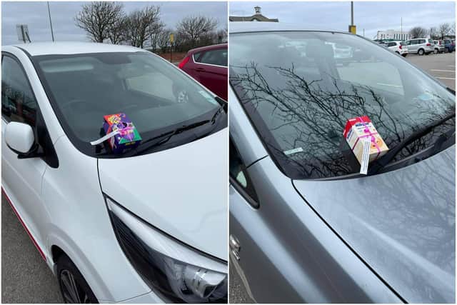 The Easter eggs were left on customer's cars to surprise them when they left the store.