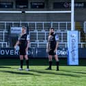 Newcastle Falcons players Toby Flood, Mark Wilson and Gary Graham (right) pose during the photocall for Gallagher's Tackling Tomorrow Together Campaign for Dunes at Kingston Park on 14 Apr 2021. Photo: Phil Mingo/PPAUK/Gallagher