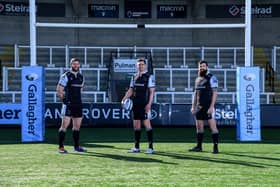 Newcastle Falcons players Toby Flood, Mark Wilson and Gary Graham (right) pose during the photocall for Gallagher's Tackling Tomorrow Together Campaign for Dunes at Kingston Park on 14 Apr 2021. Photo: Phil Mingo/PPAUK/Gallagher