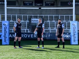 Newcastle Falcons players Toby Flood, Mark Wilson and Gary Graham (right) pose during the photocall for Gallagher's Tackling Tomorrow Together Campaign for Dunes at Kingston Park on 14 Apr 2021. Photo: Phil Mingo/PPAUK/Gallagher