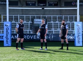 Newcastle Falcons players Toby Flood, Mark Wilson and Gary Graham (right) pose during the photocall for Gallagher's Tackling Tomorrow Together Campaign for Dunes at Kingston Park on 14 Apr 2021. Photo: Phil Mingo/PPAUK/Gallagher