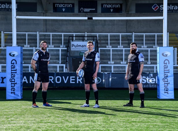 Newcastle Falcons players Toby Flood, Mark Wilson and Gary Graham (right) pose during the photocall for Gallagher's Tackling Tomorrow Together Campaign for Dunes at Kingston Park on 14 Apr 2021. Photo: Phil Mingo/PPAUK/Gallagher