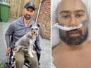 Mark in hospital (right) and later in a wheelchair with dog Pepper (left)