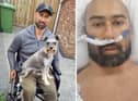 Mark in hospital (right) and later in a wheelchair with dog Pepper (left)