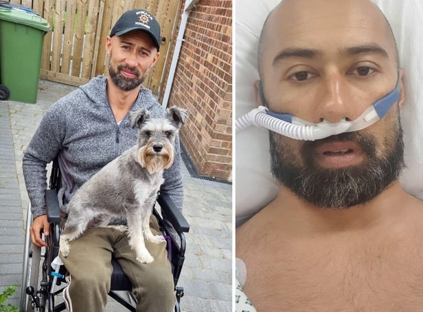 Mark in hospital (right) and later in a wheelchair with dog Pepper (left)