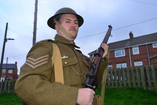 Army veteran Trevor Gray in Durham Light Infantry uniform from 1914-1918 who is walking from Seaham to South Shields to raise funds for the charity Veterans at Ease. Picture by FRANK REID