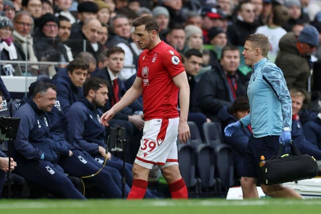 Chris Wood of Nottingham Forest is substituted off after an injury during the Premier League match between Tottenham Hotspur and Nottingham Forest at Tottenham Hotspur Stadium on March 11, 2023 in London, England. (Photo by Catherine Ivill/Getty Images)