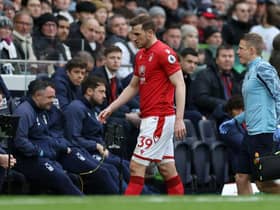Chris Wood of Nottingham Forest is substituted off after an injury during the Premier League match between Tottenham Hotspur and Nottingham Forest at Tottenham Hotspur Stadium on March 11, 2023 in London, England. (Photo by Catherine Ivill/Getty Images)