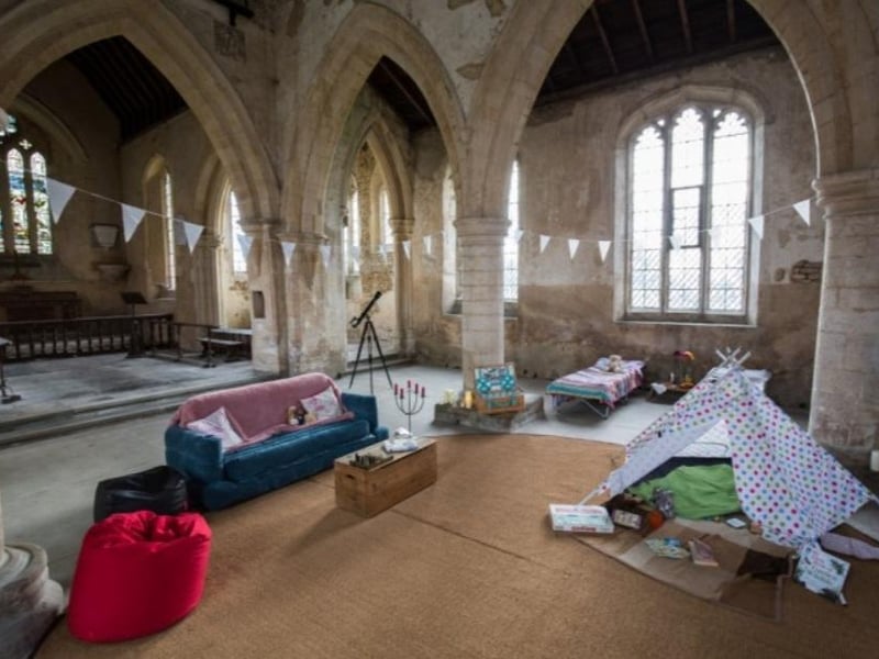 Snuggle down inside the original Champing church - All Saints in Aldwincle, a beautiful, ancient space in Northamptonshire.