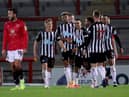 MORECAMBE, ENGLAND - SEPTEMBER 23: Joelinton of Newcastle United (third left) celebrates after scoring his sides fourth goal with teammates during the Carabao Cup third round match between Morecambe and Newcastle United at Globe Arena on September 23, 2020 in Morecambe, England.
