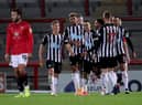 MORECAMBE, ENGLAND - SEPTEMBER 23: Joelinton of Newcastle United (third left) celebrates after scoring his sides fourth goal with teammates during the Carabao Cup third round match between Morecambe and Newcastle United at Globe Arena on September 23, 2020 in Morecambe, England.