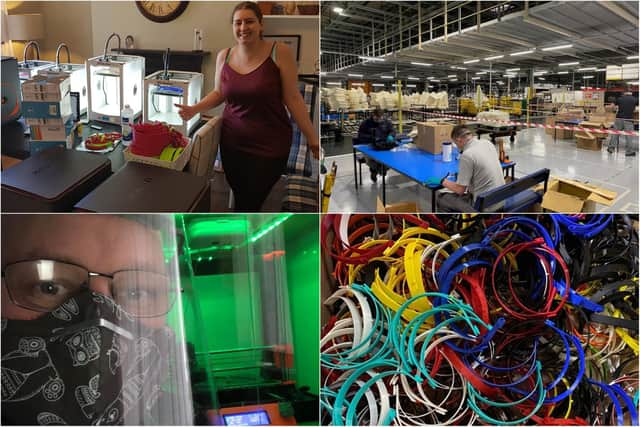 Technology teacher Laura Jones (top left), Nissan (top right) and home printer Andy McDowell (bottom left) are among those who have pitched in to produce PPE after reports of shortages