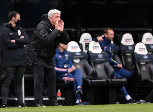 Steve Bruce, Manager of Newcastle United reacts during the Premier League match between Newcastle United and Arsenal at St. James Park on May 02, 2021 in Newcastle upon Tyne, England.