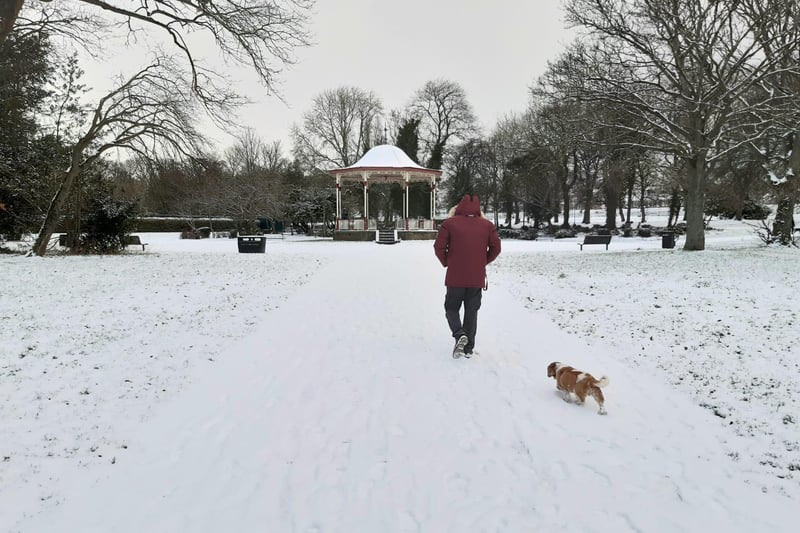 A man walks his dog in West Park, South Shields.