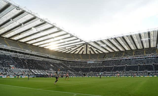 NEWCASTLE UPON TYNE, ENGLAND - MAY 19: Aa general view of St James' Park during its first game back with fans during the Premier League match between Newcastle United and Sheffield United at St. James Park on May 19, 2021 in Newcastle upon Tyne, England. (Photo by Stu Forster/Getty Images)
