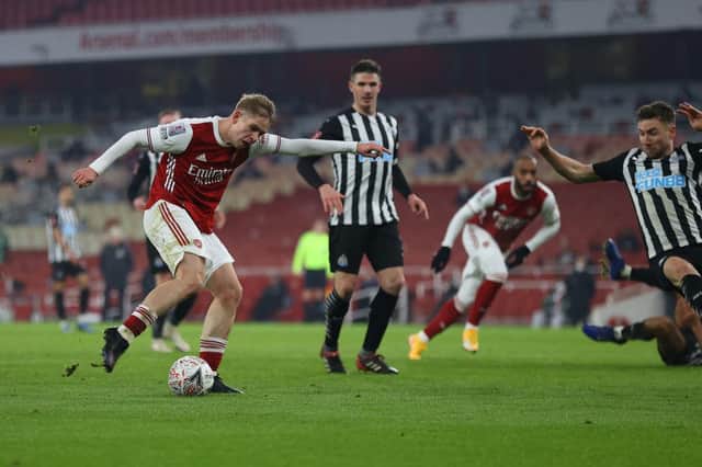 Emile Smith Rowe of Arsenal scores their team's first goal during the FA Cup Third Round match between Arsenal and Newcastle United. (Photo by Julian Finney/Getty Images)
