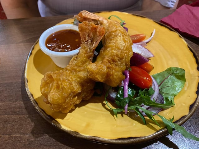 Tempura king prawns starter at the Anglers Arms, Weldon Bridge.