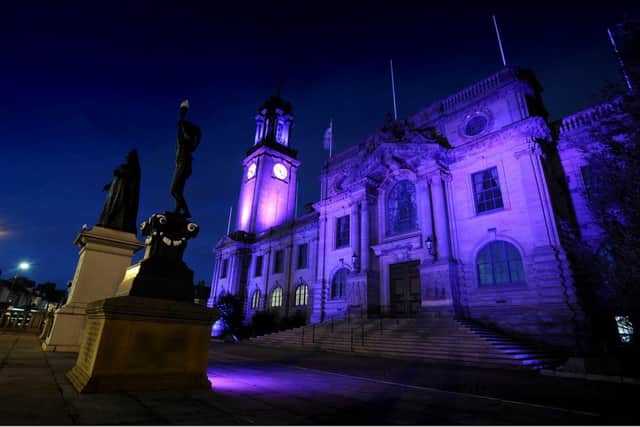 South Shields town hall lit purple to honour the Duke of Edinburgh