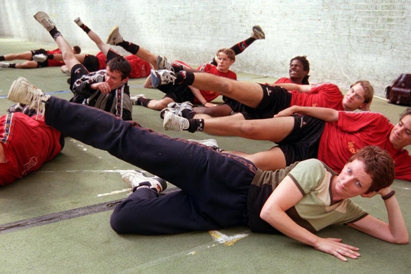 Jane Morland of Dance Division put some of the Sheffield United Apprentices through their paces at the clubs Gym  before their trip to Italy in 1998