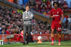 Scott Parker, Manager of AFC Bournemouth reacts during the Premier League match between Liverpool FC and AFC Bournemouth at Anfield on August 27, 2022 in Liverpool, England. (Photo by Michael Regan/Getty Images)