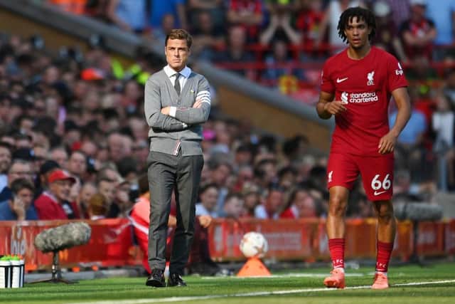 Scott Parker, Manager of AFC Bournemouth reacts during the Premier League match between Liverpool FC and AFC Bournemouth at Anfield on August 27, 2022 in Liverpool, England. (Photo by Michael Regan/Getty Images)