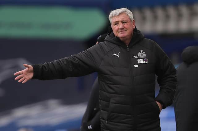 Newcastle United head coach Steve Bruce gestures during the Premier League match against Everton at Goodison Park in Liverpool.