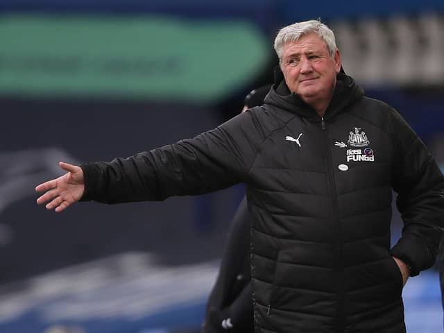 Newcastle United head coach Steve Bruce gestures during the Premier League match against Everton at Goodison Park in Liverpool.