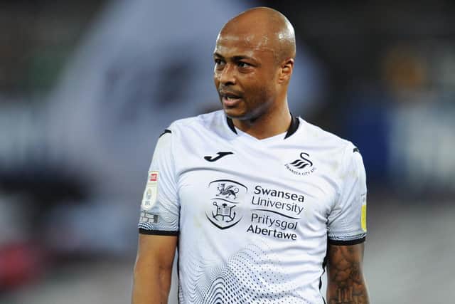 Andre Ayew of Swansea City looks on during the Sky Bet Championship match between Swansea City and Cardiff City at Liberty Stadium
