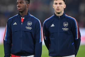 Eddie Nketiah and Kieran Tierney of Arsenal before the FA Cup 4th round match between Manchester City and Arsenal at Etihad Stadium on January 27, 2023 in Manchester, England. (Photo by David Price/Arsenal FC via Getty Images)