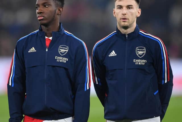 Eddie Nketiah and Kieran Tierney of Arsenal before the FA Cup 4th round match between Manchester City and Arsenal at Etihad Stadium on January 27, 2023 in Manchester, England. (Photo by David Price/Arsenal FC via Getty Images)