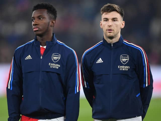 Eddie Nketiah and Kieran Tierney of Arsenal before the FA Cup 4th round match between Manchester City and Arsenal at Etihad Stadium on January 27, 2023 in Manchester, England. (Photo by David Price/Arsenal FC via Getty Images)