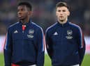 Eddie Nketiah and Kieran Tierney of Arsenal before the FA Cup 4th round match between Manchester City and Arsenal at Etihad Stadium on January 27, 2023 in Manchester, England. (Photo by David Price/Arsenal FC via Getty Images)