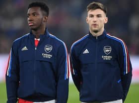 Eddie Nketiah and Kieran Tierney of Arsenal before the FA Cup 4th round match between Manchester City and Arsenal at Etihad Stadium on January 27, 2023 in Manchester, England. (Photo by David Price/Arsenal FC via Getty Images)