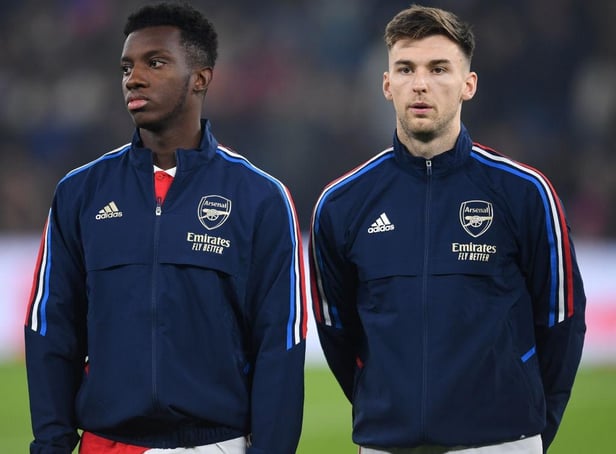 Eddie Nketiah and Kieran Tierney of Arsenal before the FA Cup 4th round match between Manchester City and Arsenal at Etihad Stadium on January 27, 2023 in Manchester, England. (Photo by David Price/Arsenal FC via Getty Images)