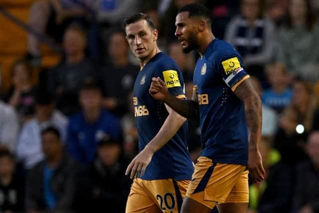 Jamaal Lascelles celebrates his goal with Chris Wood.