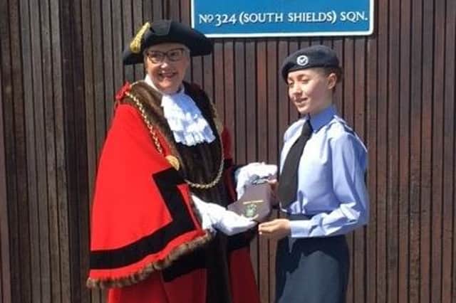 Mayor of South Tyneside, Councillor Pat Hay, welcomes Corporal Sky-Marie Hannah-Green to join her in her civic duties.