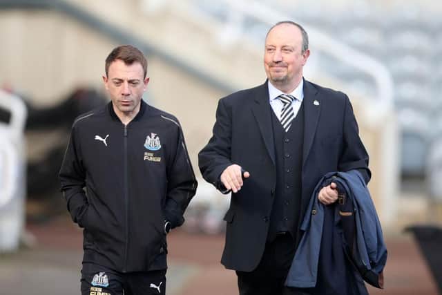 Francisco Paco De Miguel Moreno (L) Rafael Benitez, Manager of Newcastle United arrive at the stadium prior to the Premier League match between Newcastle United and Huddersfield Town at St. James Park on February 23, 2019 in Newcastle upon Tyne, United Kingdom.