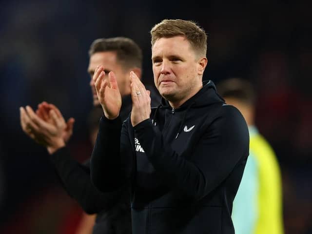 Newcastle United head coach Eddie Howe applauds both sets of fans after the Bournemouth game.