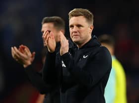 Newcastle United head coach Eddie Howe applauds both sets of fans after the Bournemouth game.