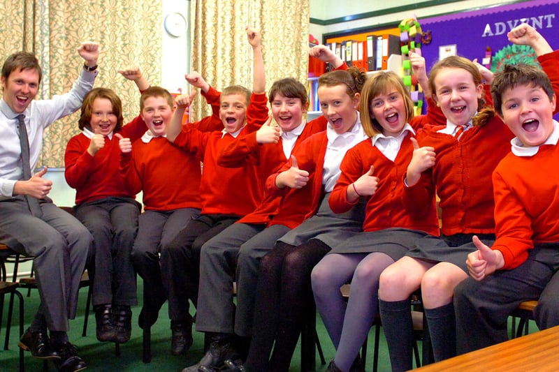 Sacred Heart Primary School was celebrating in 2012 after coming top in Hartlepool for its Key Stage 2 exam results. Pictured with teacher Tom Adams are, from left, Josh Murray, Matthew Brown, Jacob Crannage, Kristen Neal, Chloe Wade, Mia Mottram, Franceca and Adam Linsel.