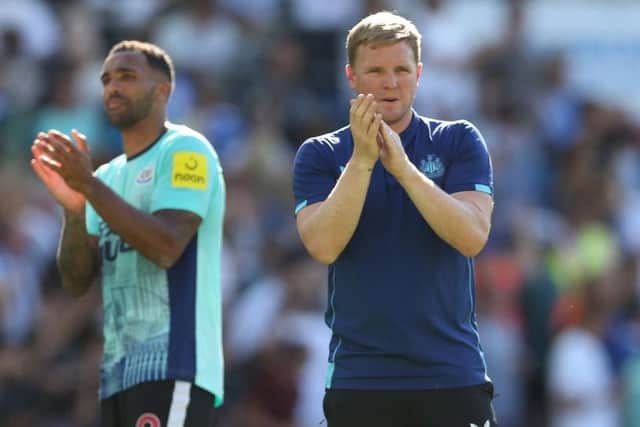 Eddie Howe, Manager of Newcastle United, applauds fans after the Premier League match between Brighton & Hove Albion and Newcastle United at American Express Community Stadium on August 13, 2022 in Brighton, England. (Photo by Steve Bardens/Getty Images)