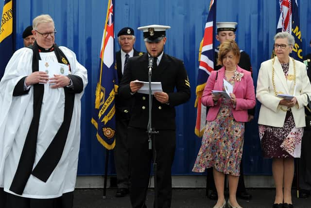 The Lord Lieutenant of Tyne and Wear Ms Lucy Winskell openingh the new pontoon at TS Kelly Sea Cadets, Hebburn, with the Mayor Cllr Pat Hay, Mayoress Mrs Jean Copp, President Nigel Westwood, Chairman George Bone, Commanding officer Clare Towns, and Rev David Raine.