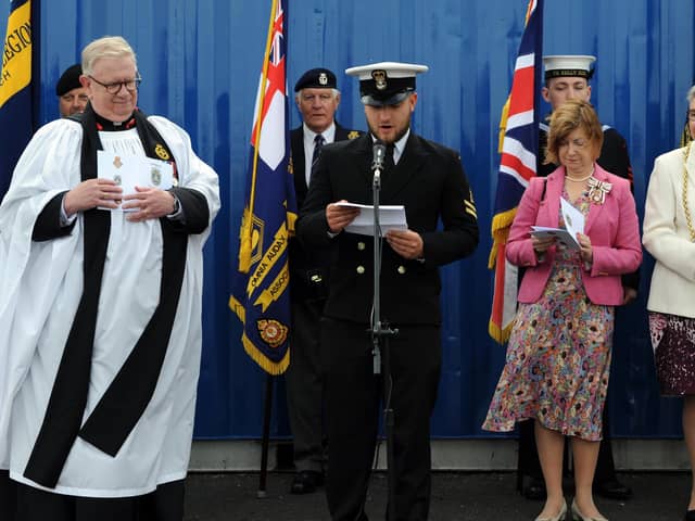 The Lord Lieutenant of Tyne and Wear Ms Lucy Winskell openingh the new pontoon at TS Kelly Sea Cadets, Hebburn, with the Mayor Cllr Pat Hay, Mayoress Mrs Jean Copp, President Nigel Westwood, Chairman George Bone, Commanding officer Clare Towns, and Rev David Raine.