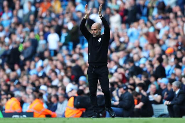 Pep Guardiola, Manager of Manchester City, reacts during the Premier League match between Manchester City and Newcastle United at Etihad Stadium on May 08, 2022 in Manchester, England. (Photo by Alex Livesey/Getty Images)