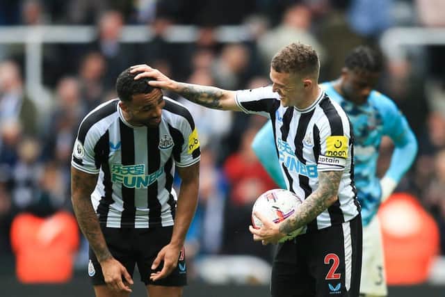 Newcastle United's English striker Callum Wilson (L) and Newcastle United's English defender Kieran Trippier celebrate at the end of the English Premier League football match between Newcastle United and Southampton at St James' Park in Newcastle-upon-Tyne, north east England on April 30, 2023.(Photo by LINDSEY PARNABY/AFP via Getty Images)