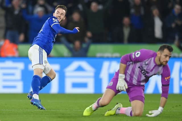 James Maddison of Leicester City celebrates after scoring their side's fourth goal during the Premier League match between Leicester City and Newcastle United at The King Power Stadium on December 12, 2021 in Leicester, England. (Photo by Gareth Copley/Getty Images)