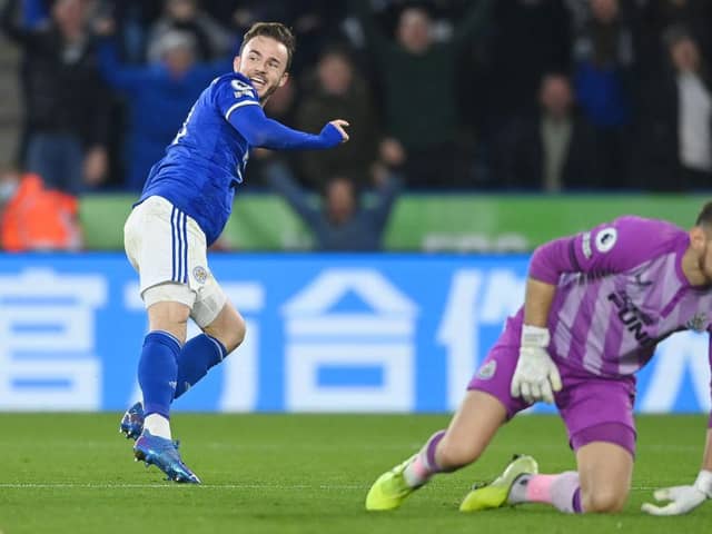 James Maddison of Leicester City celebrates after scoring their side's fourth goal during the Premier League match between Leicester City and Newcastle United at The King Power Stadium on December 12, 2021 in Leicester, England. (Photo by Gareth Copley/Getty Images)