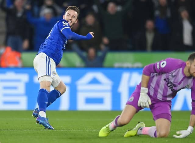 James Maddison of Leicester City celebrates after scoring their side's fourth goal during the Premier League match between Leicester City and Newcastle United at The King Power Stadium on December 12, 2021 in Leicester, England. (Photo by Gareth Copley/Getty Images)
